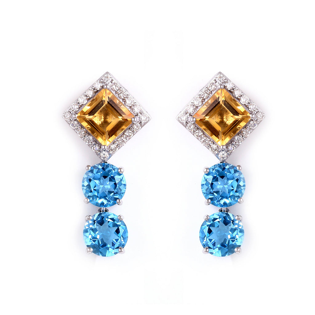 10.24Cts. Natural Citrine And Blue Topaz 14k Gold Earring Jewelry