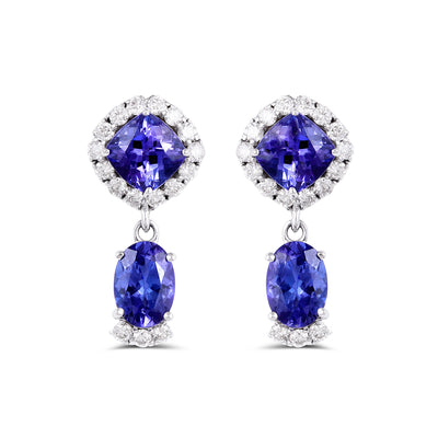 Tanzanite and Diamonds Tear Drop 14K White Gold Sparkling Earrings