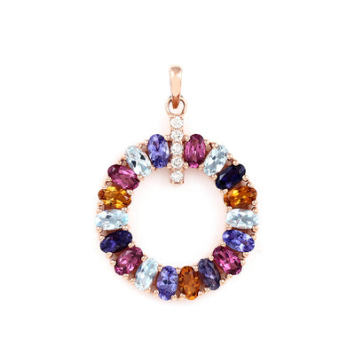 Multi Sapphire Round Shape 14k Gold Pendant with Diamond Accent