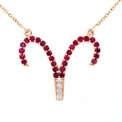 Zodiac Sign Aries 14K Gold Ruby Light Weight Necklace with Diamonds