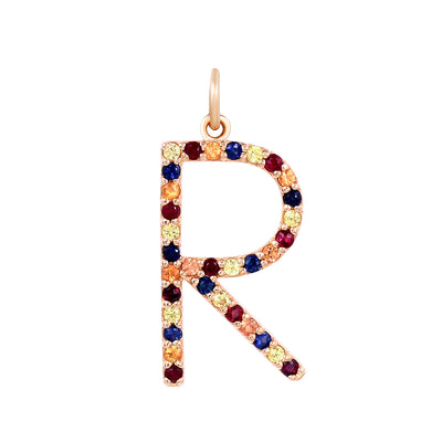 Letter R 14k Gold Pendant with Multi Sapphires