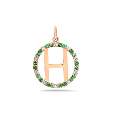 H Initial Gold Pendant with Tsavorites & Diamond 14k Gold Pendant