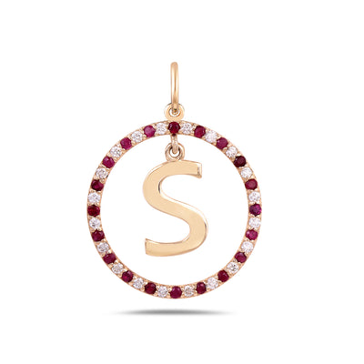 Letter S Charm 14k Gold Ruby & Diamond Pendant