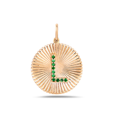 Letter L with Tsavorites 14k Gold Circular Pendant