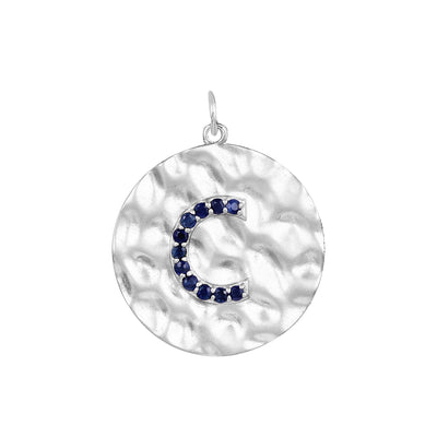 Letter C 14k White Gold Pendant with Blue Sapphires