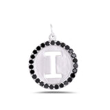 Letter I Initial 14k White Gold circular Pendant with Black Diamonds
