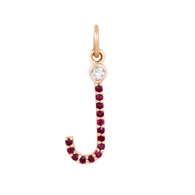 Initial 14k Gold Ruby Pendant For Letter J With Diamond