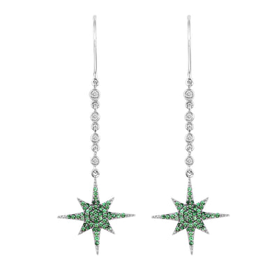 Tsavorite Hanging Star 14K White Gold Earing with Diamonds