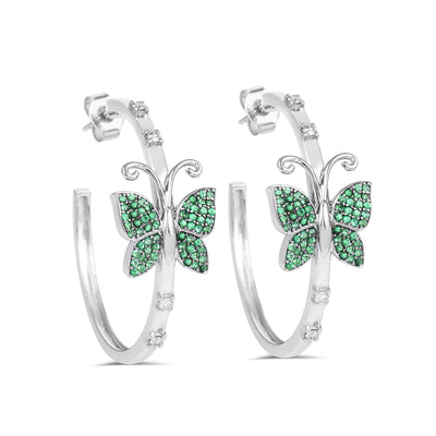 Green Butterfly 14K White Gold Hoop Earring with Diamonds