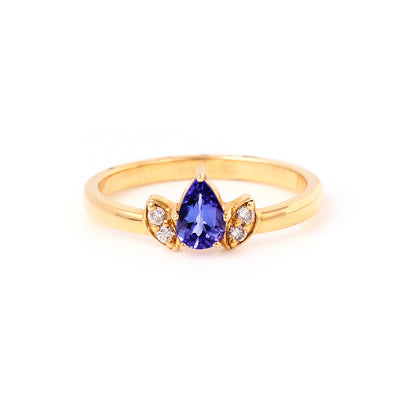 Tanzanite and Diamond Lotus Shaped 14K Yellow Gold Ring