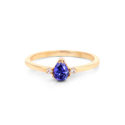 Pear Shape Tanzanite with Round Diamonds 14K Yellow Gold Minimal Ring