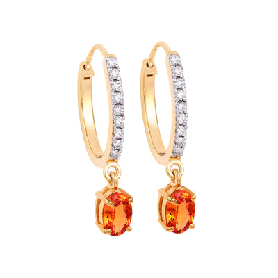 Hoop Earring With Orange Sapphire Drop and Pave Diamonds in 14K Gold