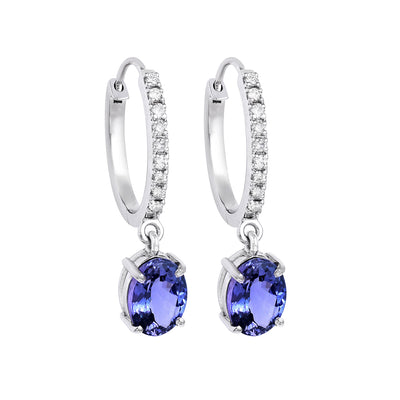 Hoop Earring With Tanzanite Drop and Pave Diamonds in 14K Gold