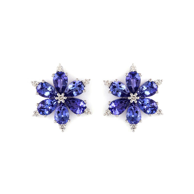 Tanzanite Flower 14K White Gold Studs with Sparkling Diamonds