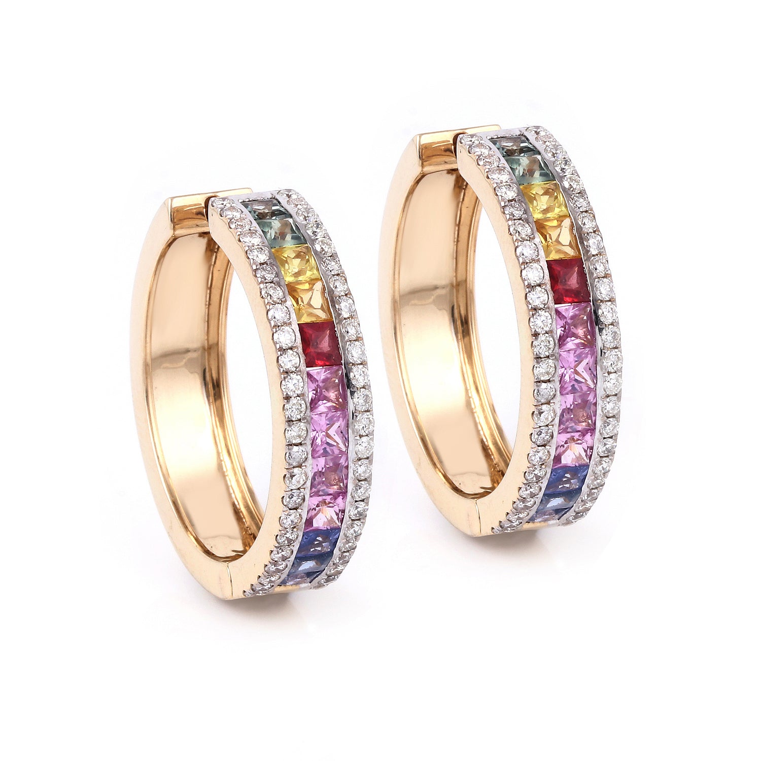 Rainbow Channel Setting Hoop Earring With Multi Sapphire Diamonds