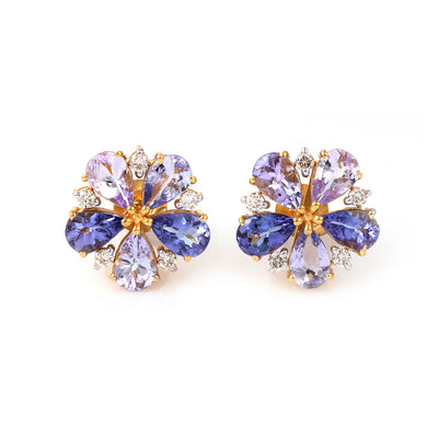 Ombre Effect Tanzanite 14K Gold Floral Sparkle Earrings With Diamonds