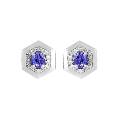 14K Gold Round Tanzanite Hexagon Studs with Sparkling Diamonds