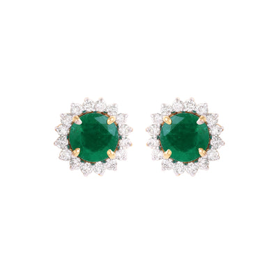 Sunny Emerald Studs In 14K Yellow Gold Complemented by Diamonds