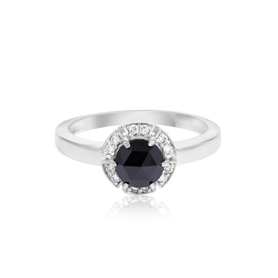 Natural Black Diamond 14K White Gold Ring Encircled with Diamonds