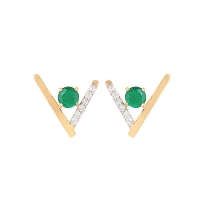 Pair Perfect Emerald Studs In 14K Yellow Gold Complemented by Diamonds