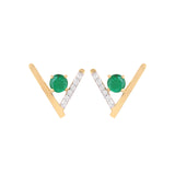 Pair Perfect Emerald Studs In 14K Yellow Gold Complemented by Diamonds