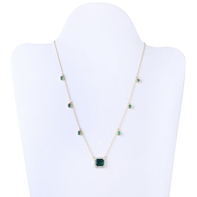 Green Gem Emerald with Halo Diamonds 14K Gold Minimalist Necklace