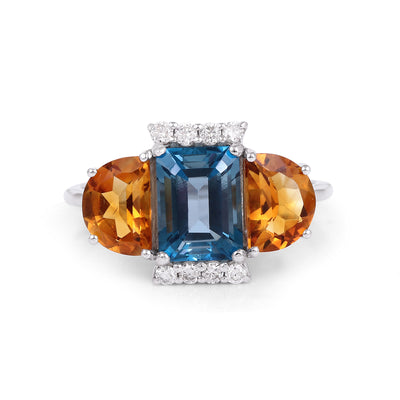 Half Moon 14K White Gold Ring with Blue Topaz and Citrine