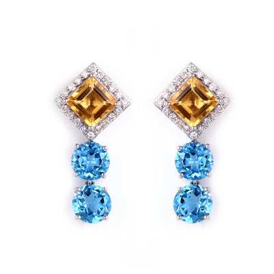 14K Gold Dangler Earring with Natural Citrine & Blue Topaz