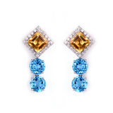 14K Gold Dangler Earring with Natural Citrine & Blue Topaz