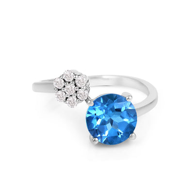 Blue Topaz Adjustable 14k White Gold Ring with Sparkling Diamonds