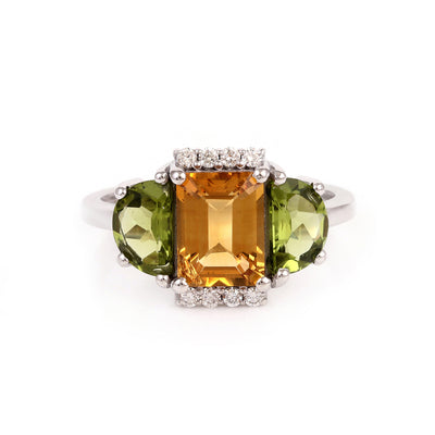 Three Stone 14K White Gold Ring with Peridot, Citrine& Diamond
