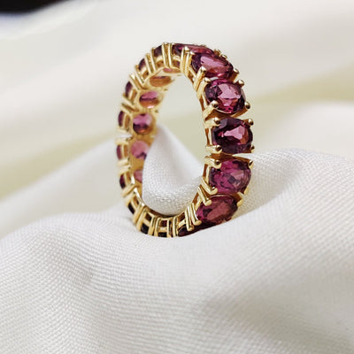 7.21 Cts. Natural Rhodolite Garnet Eternity Band Gold 14K Statement Ring Jewelry