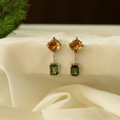 7.537 Cts. Natural Citrine and Tourmaline 14k Gold Dainty Dangle Drop Earring Jewelry