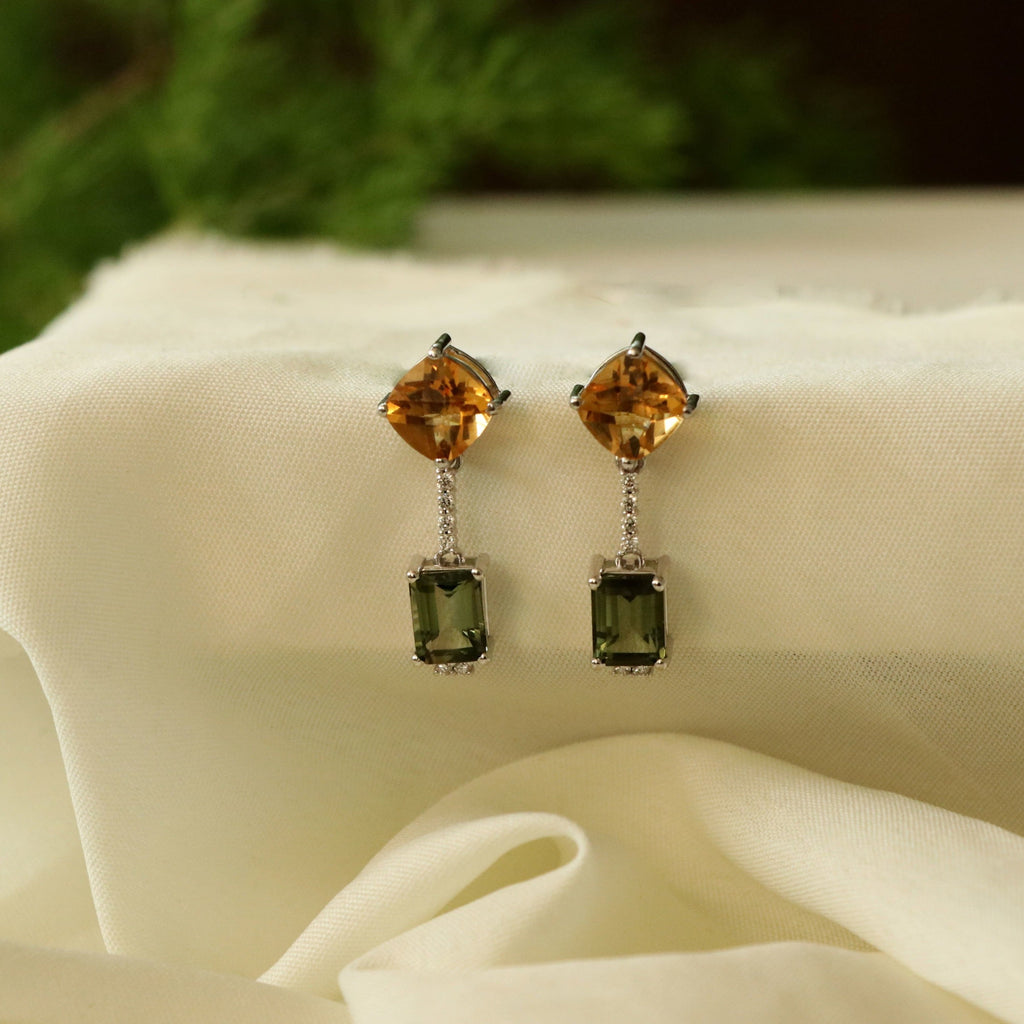 7.537 Cts. Natural Citrine and Tourmaline 14k Gold Dainty Dangle Drop Earring Jewelry